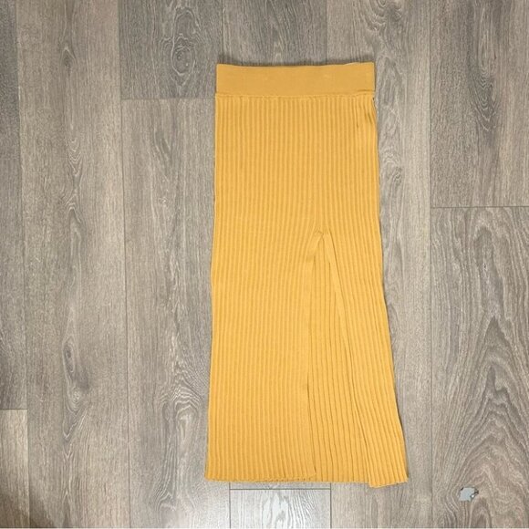 Aritzia Wilfred Zeta Midi Skirt Pleated High rise Ribbed Knit Side Slit Golden - Picture 6 of 14